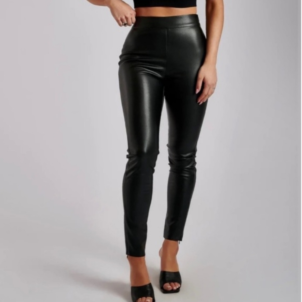 Meshki Shayla Skinny Faux Leather High-Rise Split Pant in Black Women's L. 29".
